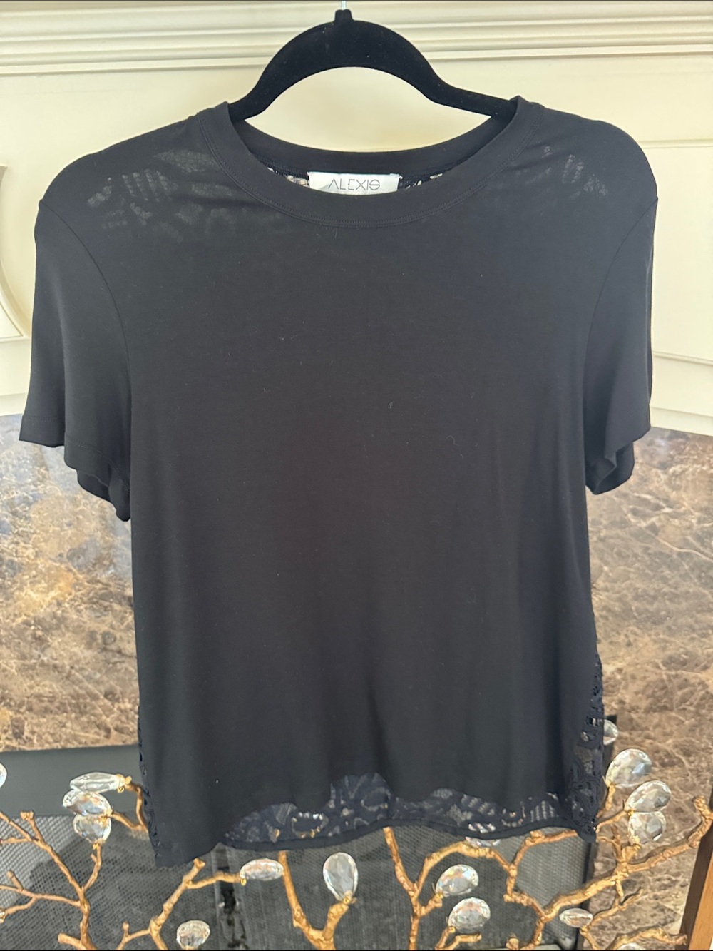Dramatic Alexis Black Short Sleeve Top!  T-shirt front/Lace Back with pleat.